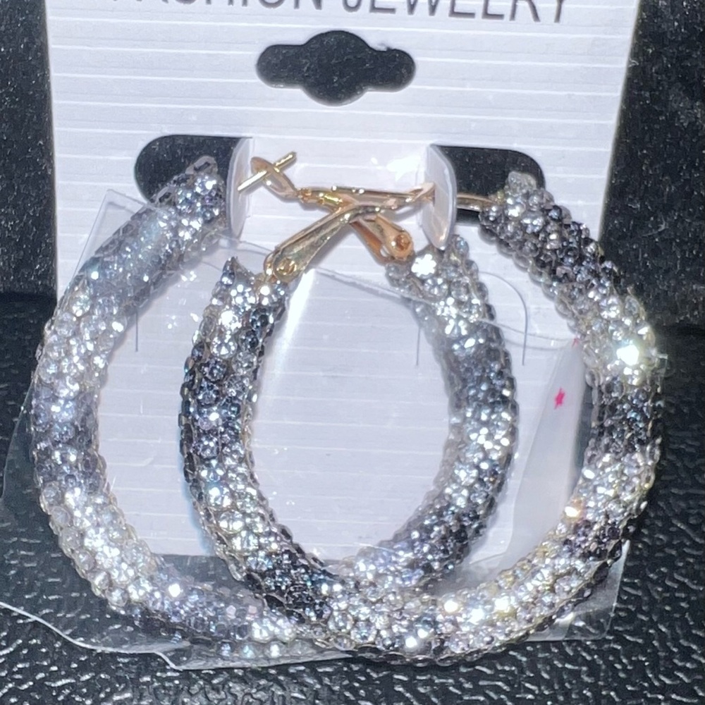 Clear/Black Rhinestone Hoop Earrings